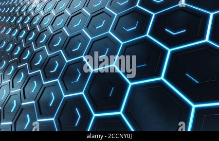 Glowing black and blue abstract hexagons background pattern on silver metal surface 3D rendering Stock Photo