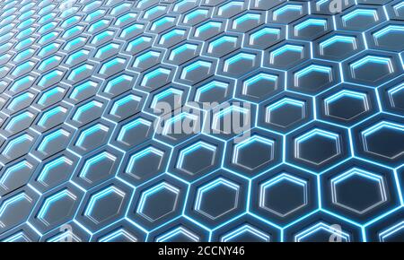 Glowing black and blue abstract hexagons background pattern on silver metal surface 3D rendering Stock Photo