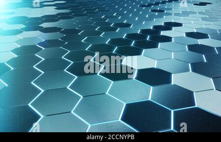 Glowing black and blue abstract hexagons background pattern on silver metal surface 3D rendering Stock Photo
