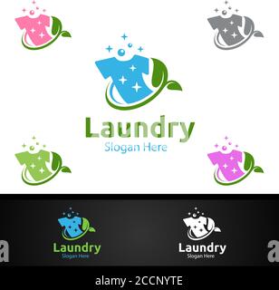 Eco Laundry Dry Cleaners Logo with Clothes, Water and Washing Concept Design Stock Vector