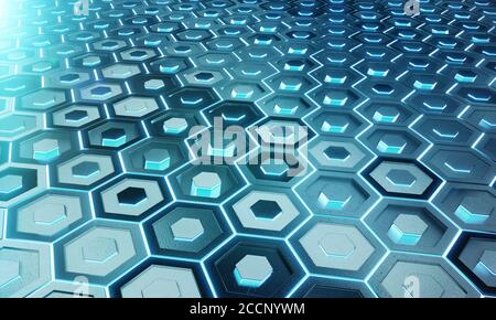 Glowing black and blue abstract hexagons background pattern on silver metal surface 3D rendering Stock Photo