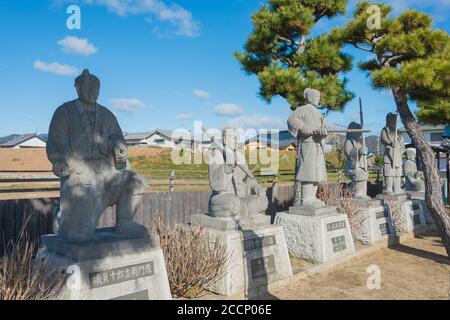 Hyogo, Japan - 47 Ronin Statues at Oishi shrine in Ako, Hyogo, Japan. The shrine was originally built in 1900. Stock Photo