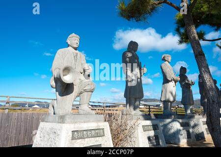 Hyogo, Japan - 47 Ronin Statues at Oishi shrine in Ako, Hyogo, Japan. The shrine was originally built in 1900. Stock Photo