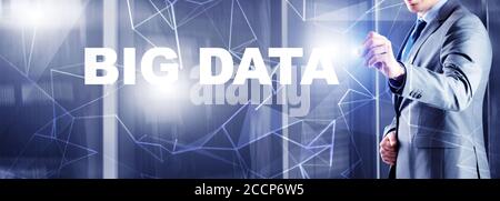 Inscription Big Data on Blurred Provider Room. Information technology 2021. Engineers in the server room. Stock Photo