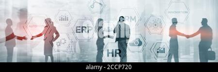 Erp Crm Hr Innovation inscriptions and icons on business background. Stock Photo