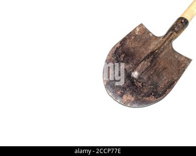 Old iron shovel for digging on a white background. Stock Photo