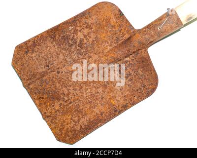 Old iron shovel for digging on a white background. Stock Photo