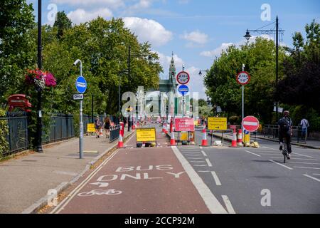 London, England - July 22, 2020: Hammersmith Bridge is now closed to motor vehicles since 2019 due to structural issues, First opened in 1887 Stock Photo