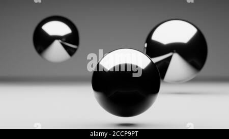 Group of floating or hovering globes or spheres, reflective metallic shiny surface, 3d rendering, abstract illustration Stock Photo