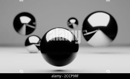 Group of floating or hovering globes or spheres, reflective metallic shiny surface, 3d rendering, abstract illustration Stock Photo