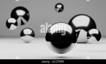 Group of floating or hovering globes or spheres, reflective metallic shiny surface, 3d rendering, abstract illustration Stock Photo