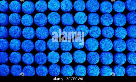 A lot of rows different wooden champagne or wine corks from cork tree. Use as pattern or background. Top view. Flat lay. Close-up. Toned on blue. Macr Stock Photo