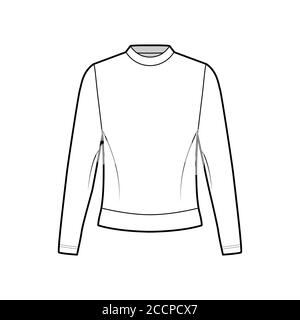 Cotton-terry sweatshirt technical fashion illustration with crew neckline, long sleeves, oversized. Flat jumper apparel outwear template front white, color. Women, men, unisex top CAD mockup Stock Vector