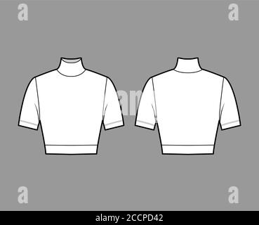 Cropped turtleneck jersey sweater technical fashion illustration with short sleeves, close-fitting shape. Flat outwear jumper apparel template front back white color. Women men unisex shirt top mockup Stock Vector