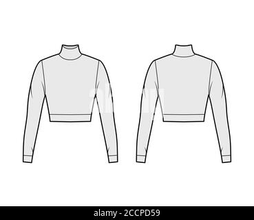 Cropped turtleneck jersey sweater technical fashion illustration with long sleeves, close-fitting shape. Flat outwear jumper apparel template front back grey color. Women men unisex shirt top mockup Stock Vector