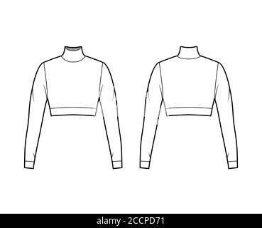 Cropped turtleneck jersey sweater technical fashion illustration with long sleeves, close-fitting shape. Flat outwear jumper apparel template front back white color. Women men unisex shirt top mockup Stock Vector