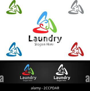 Hangers Laundry Dry Cleaners Logo with Clothes, Water and Washing Concept Design Stock Vector