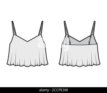 Cropped camisole top technical fashion illustration with sweetheart neck, flare hem, loose silhouette, adjustable straps. Flat tank apparel template front back grey color. Women men unisex CAD mockup Stock Vector