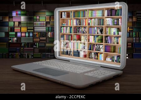 3D illustration. Library, with lots of books, inside a laptop. Ebooks ...