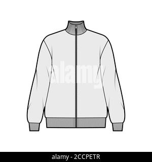 Oversized long-sleeved zip-up sweatshirt technical fashion illustration with cotton-jersey, ribbed trims. Flat outwear jumper apparel template front grey color. Women, men unisex top CAD mockup Stock Vector