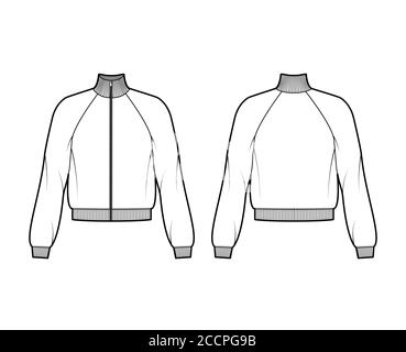 Long-sleeved zip-up sweatshirt technical fashion illustration with cotton-jersey, casual-fit, raglan, ribbed trims. Flat outwear jumper apparel template front back white color. Women, men unisex top Stock Vector