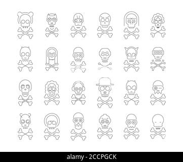 White line art silhouettes isolated on a dark grey background Skull and Crossbones vector icon set. Large bundle of unique design elements, each icon Stock Vector