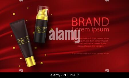 Vector 3D cosmetic illustration for beauty products line for face care. Mockup tube of cream on a silk red background. Realistic Vector illustration Stock Vector