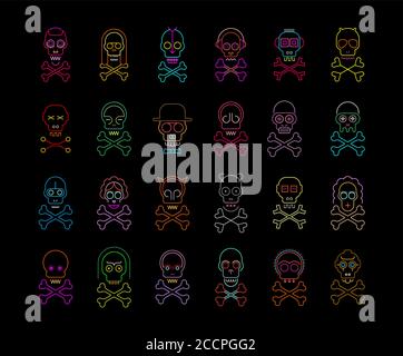 Neon colors isolated on a black background Skull and Crossbones vector icon set. Large bundle of unique design elements, each icon is on a separate la Stock Vector