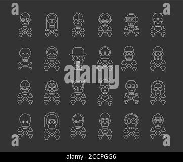 White line art silhouettes isolated on a dark grey background Skull and Crossbones vector icon set. Large bundle of unique design elements, each icon Stock Vector