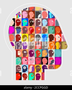 Human head shape design consisting with a different people portraits vector illustration. Stock Vector