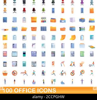 100 office icons set. Cartoon illustration of 100 office icons vector set isolated on white background Stock Vector