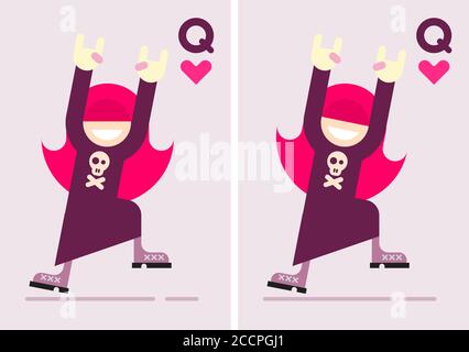 Colored image isolated on a light background Funny Rocker Girl Dancing vector illustration. Smiling girl raised her hands up and showing sing of the h Stock Vector