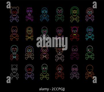 Neon colors isolated on a black background Skull and Crossbones vector icon set. Large bundle of unique design elements, each icon is on a separate la Stock Vector