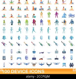 100 device icons set. Cartoon illustration of 100 device icons vector set isolated on white background Stock Vector
