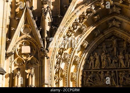 Stone carvings, part of the West entrance door, St Vitus Cathedral,  Prazsky Hrad (Prague Castle), Hradcany,  Prague. Czech Republic Stock Photo