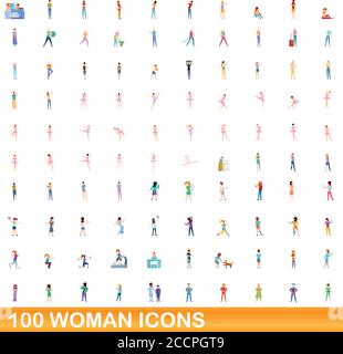 100 woman icons set. Cartoon illustration of 100 woman icons vector set isolated on white background Stock Vector