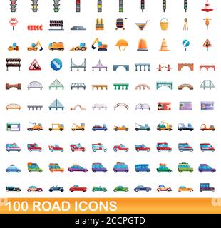 100 road icons set. Cartoon illustration of 100 road icons vector set ...