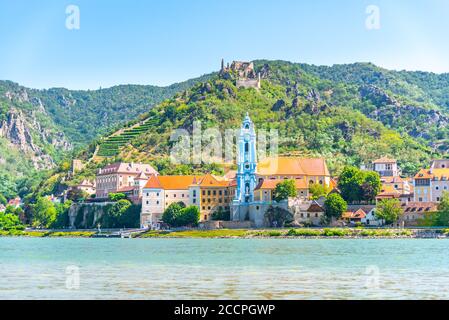 Scenic aerial view of Durnstein Village from opposite side of river, Wachau Valley of Danube River, Austria Stock Photo