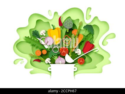 Fresh vegetables falling into the pot, vector layered paper cut style illustration Stock Vector
