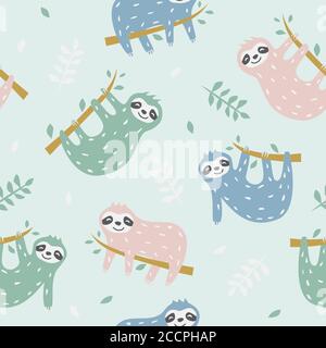Childish seamless pattern with cute sloth. Creative texture for fabric, textile Stock Vector