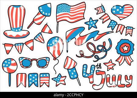 American flag vector clipart set for USA Independence Day. 4 July vector clipart on white background. American Independence Day digital clip art. Star Stock Vector