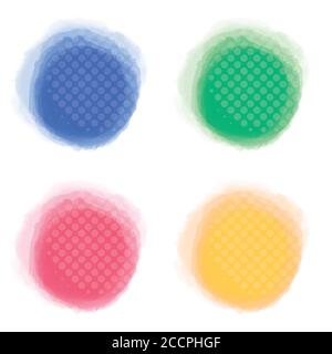A set of four watercolour and halftone frames for text . Blue, green, pink and yellow circles, with offset white halftone overlays. EPS10 vector forma Stock Vector