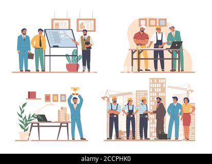 Construction engineers, architects, builder workers, flat vector illustration set Stock Vector