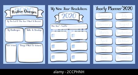 2020 Yearly Planner Set of three printable sheet. Goal planning vector illustration for organizer. Business and personal goal setting. Yearly planner Stock Vector