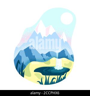 Wild nature landscape with mountain, waterfall and lake, flat vector illustration on white background. Travel outdoor concept. Northern natural landsc Stock Vector