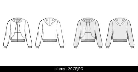 Zip-up cotton-fleece hoodie technical fashion illustration with relaxed fit, long sleeves, ribbed trims, front pocket. Flat jumper template front, back, white, grey color. Women, men, sweatshirt top Stock Vector