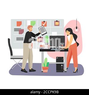 Office scene with modern workplace, kanban board, man and woman working on business project, flat vector illustration Stock Vector