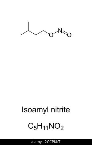 Isoamyl nitrite, amyl nitrite, known as poppers, chemical structure. As inhalant it is a recreational drug with psychoactive effects. A vasodilator. Stock Photo