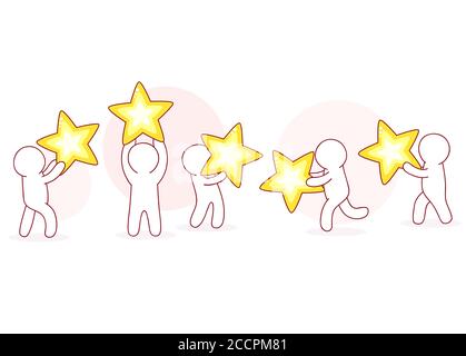 Rating experience concept. Customer service evaluation form. Five white little mans with stars. Customer review feedback of quality and service. Ranki Stock Vector