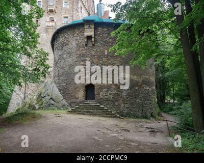 Czocha, Poland-July 22, 2019: The bastion at the east end of the outer courtyard, seen from the outside. Bastion as a part of the external defensive w Stock Photo